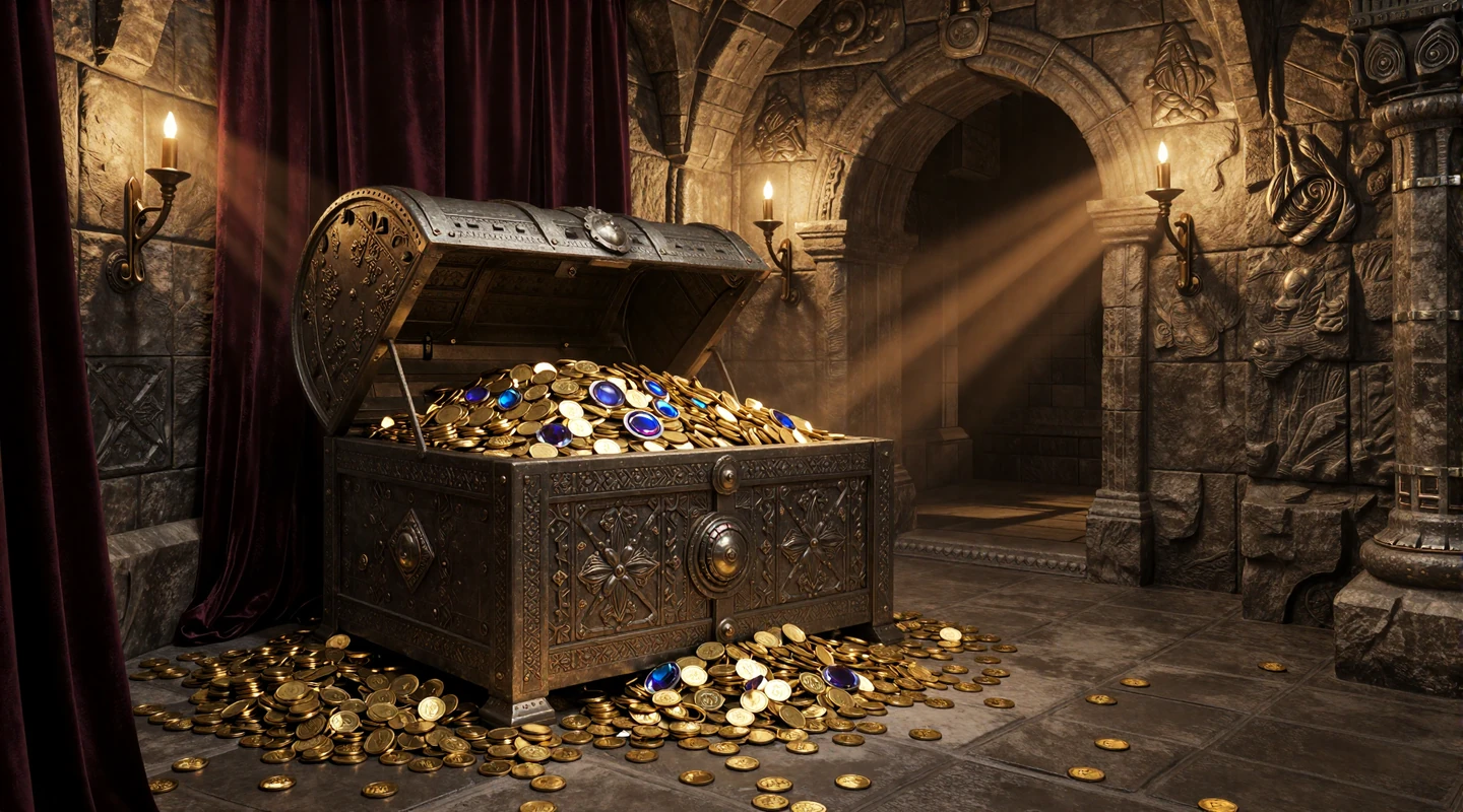 Mittelalterliche Schatzkammer mit Goldtruhe - Yep Casino Bonus ohne Einzahlung Hintergrund