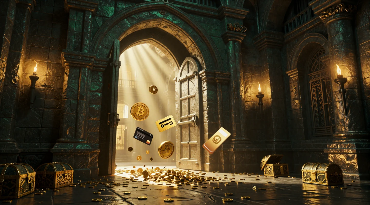 Mittelalterliche Schatzkammer mit Zahlungssymbolen und Goldm&uuml;nzen - Yep Casino Zahlungsmethoden